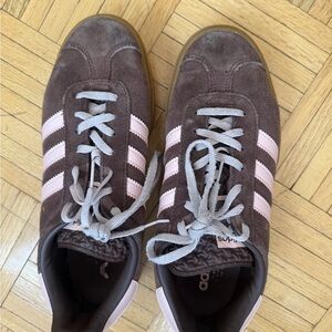 adidas Brown Suede Sneakers with Pink Stripes